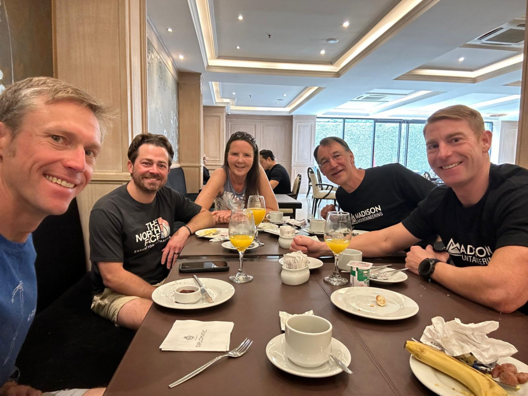 Our Aconcagua climbers relaxing over breakfast in Mendoza (Photo by Terray Sylvester)