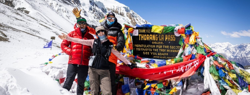Sirdar and guide Aang Phurba Sherpa, climber Nelly Attar, and guide Terray Sylvester on the Thorang La. (Photo by Tenzi Sherpa)
