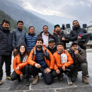Our climber Nelly Attar, Sirdar and Guide Aang Phurba Sherpa, plus the film crew documenting our waste clean-up and climbing expedition awaiting clear weather for a heli flight to Annapurna base camp. (Photo by Terray Sylvester)