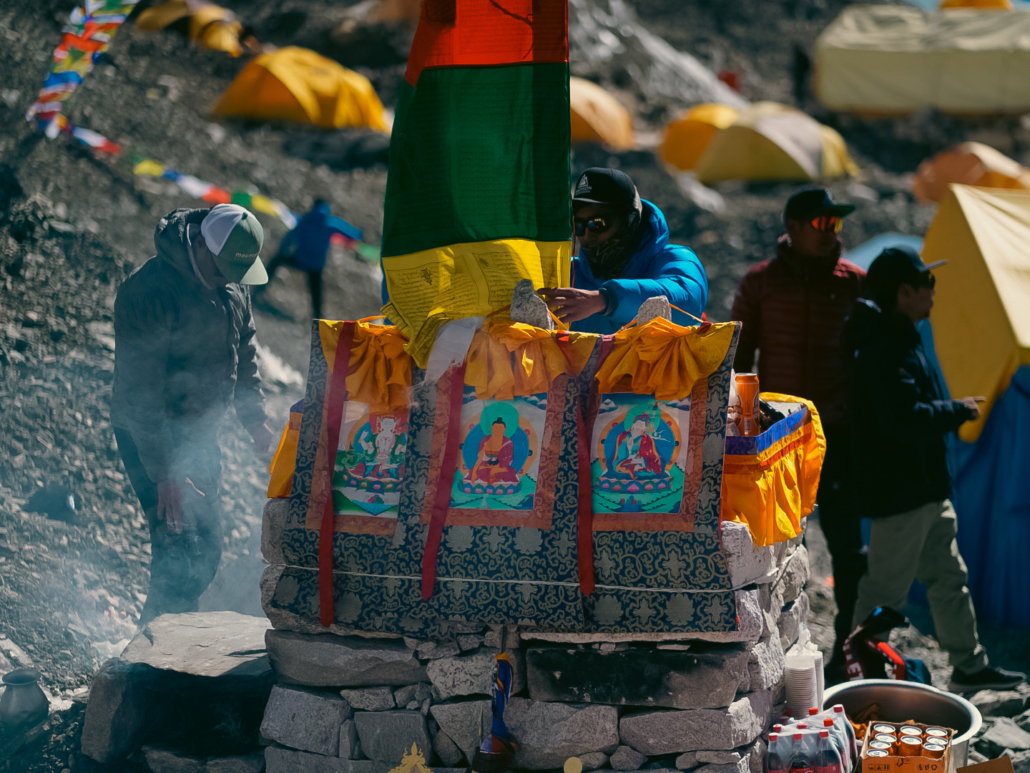 Scene from the team's Puja Ceremony - an essential piece of our Mount Everest expeditions. (Photo by Courtenay Roche)