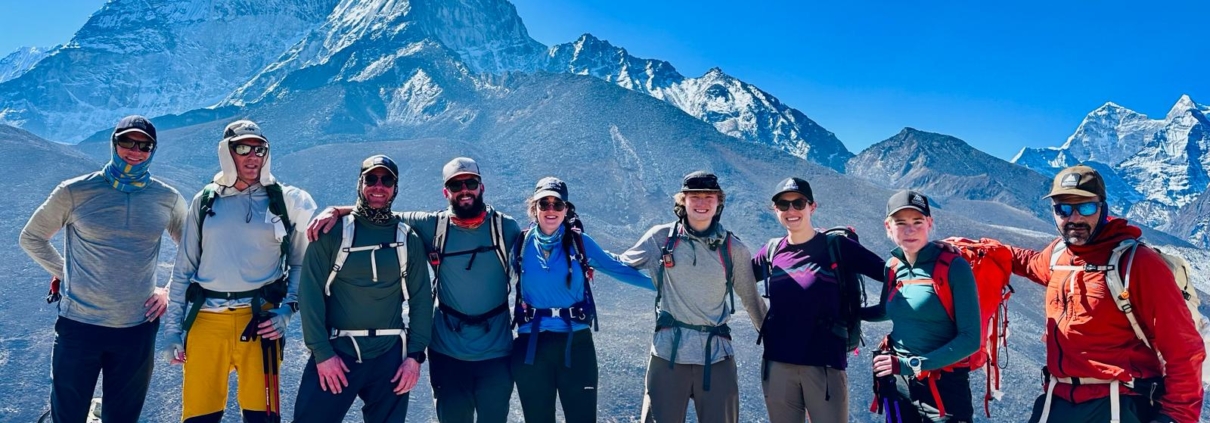 The team during an acclimatization hike on a spectacular day in the Himalaya!