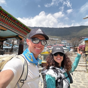 Climber, Nelly Attar arriving in Namche Bazaar with guide, Terray Sylvester!