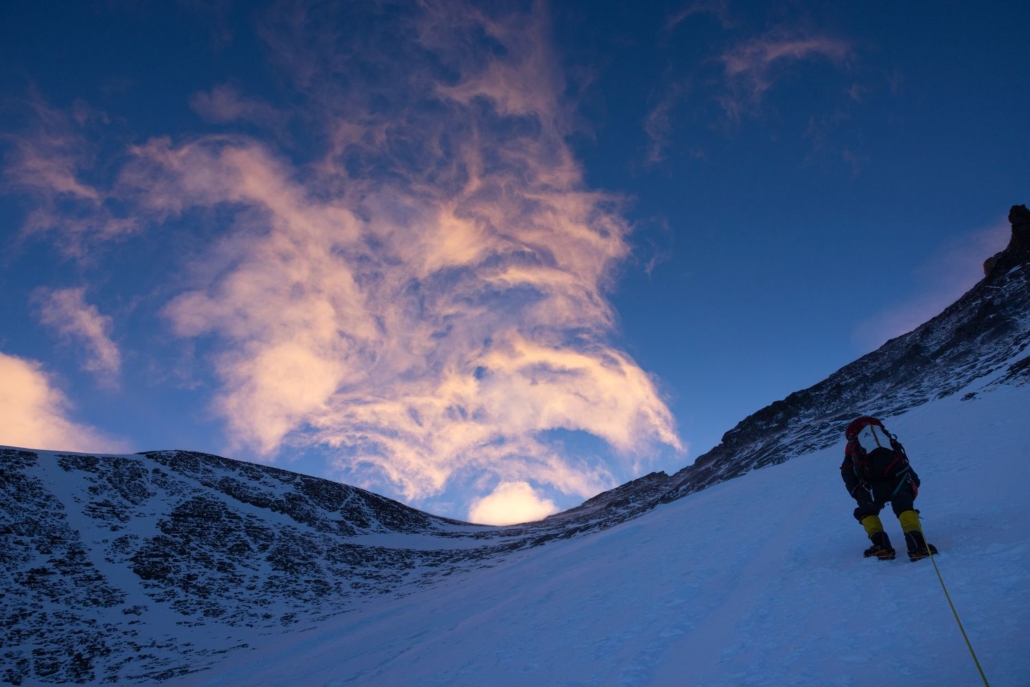 Pre-dawn glow on the clouds above Kam Dorji Sherpa. (Photo by Terray Sylvester)