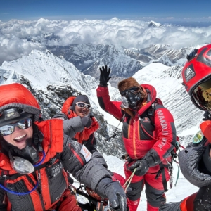 The team on the summit of Lhotse! From left: Nelly Attar, Kam Dorji Sherpa, Tenzi Sherpa, Terray Sylvester. (Photo by Terray Sylvester)