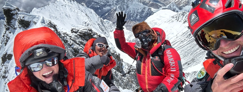 The team on the summit of Lhotse! From left: Nelly Attar, Kam Dorji Sherpa, Tenzi Sherpa, Terray Sylvester. (Photo by Terray Sylvester)