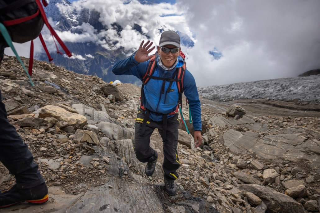 Temba, a member of our Sherpa team, hiking to the team’s training location above base camp. (Photo by Terray Sylvester)