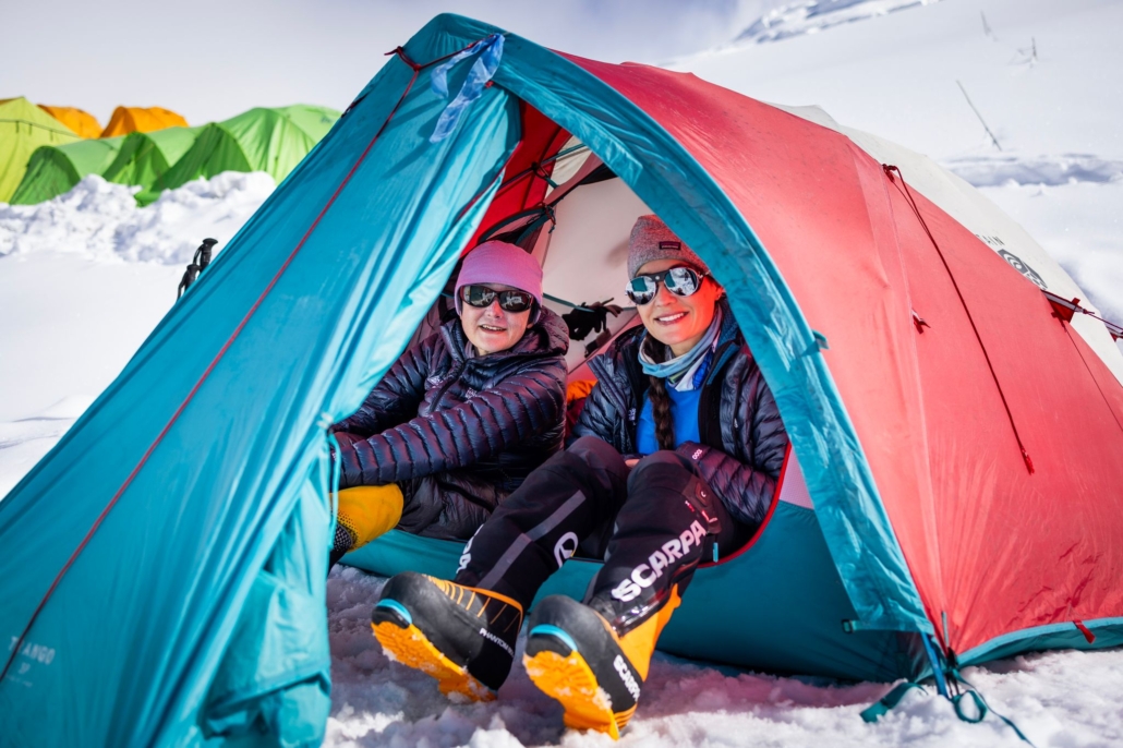 Our climbers, Chie and Sara, in their tent at Camp 1. (Photo by Terray Sylvester)