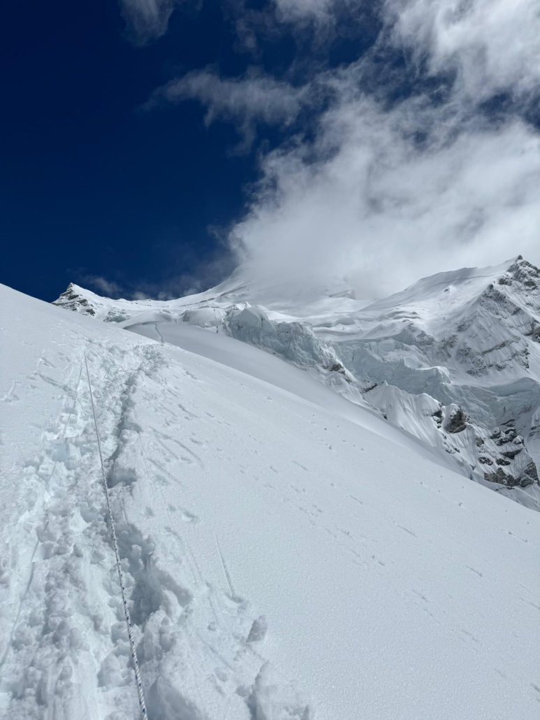 Looking up the route towards the summit behind the clouds!