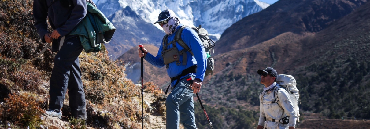 Nima Sange Sherpa hiking to the Pangboche Monastery with Lobuche East and Island Peak climbers Erik and Mike. (Photo by Terray Sylvester)