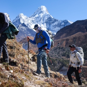 Nima Sange Sherpa hiking to the Pangboche Monastery with Lobuche East and Island Peak climbers Erik and Mike. (Photo by Terray Sylvester)