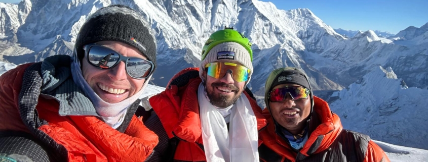 The team on the summit of Ama Dablam with Everest and Lhotse in the background! From left: Guide Terray Sylvester, our climber, Joe, and Sirdar and Guide, Aang Phurba Sherpa. (Photo by Terray Sylvester)