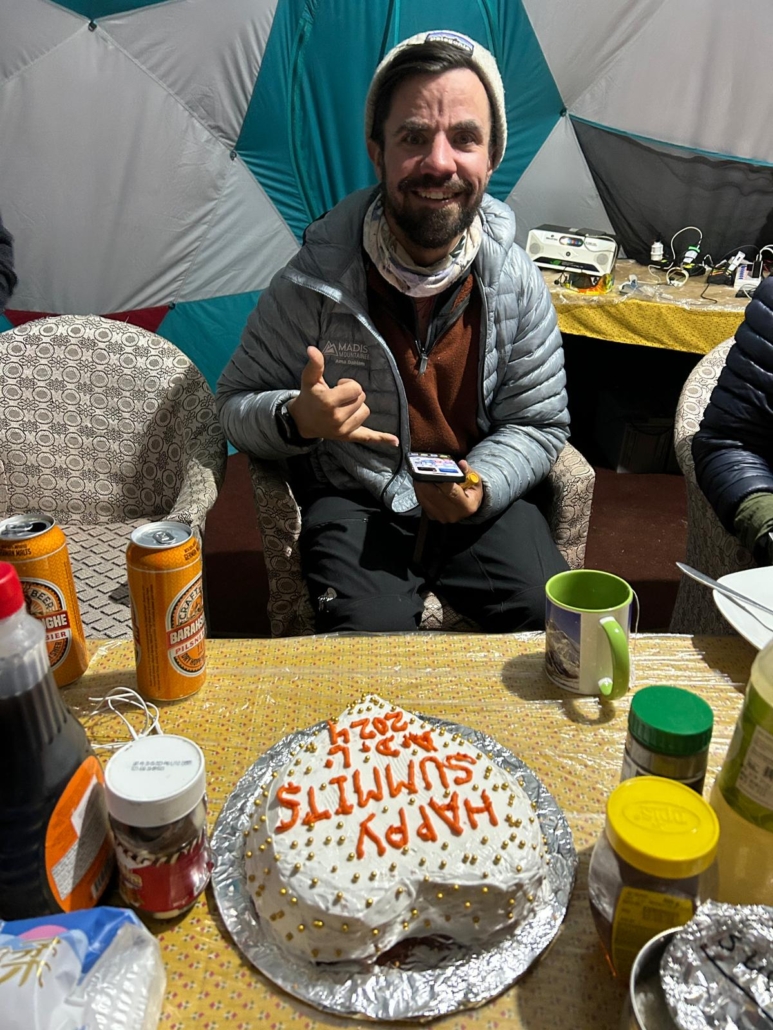 Celebratory cake back in base camp the evening after our team summited!