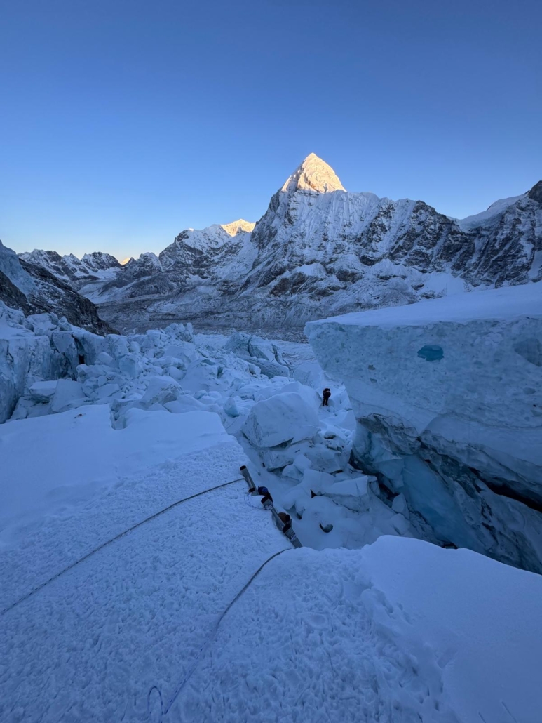 Morning light on Pumori as the team climbs from Everest Base Camp to Camp 1.