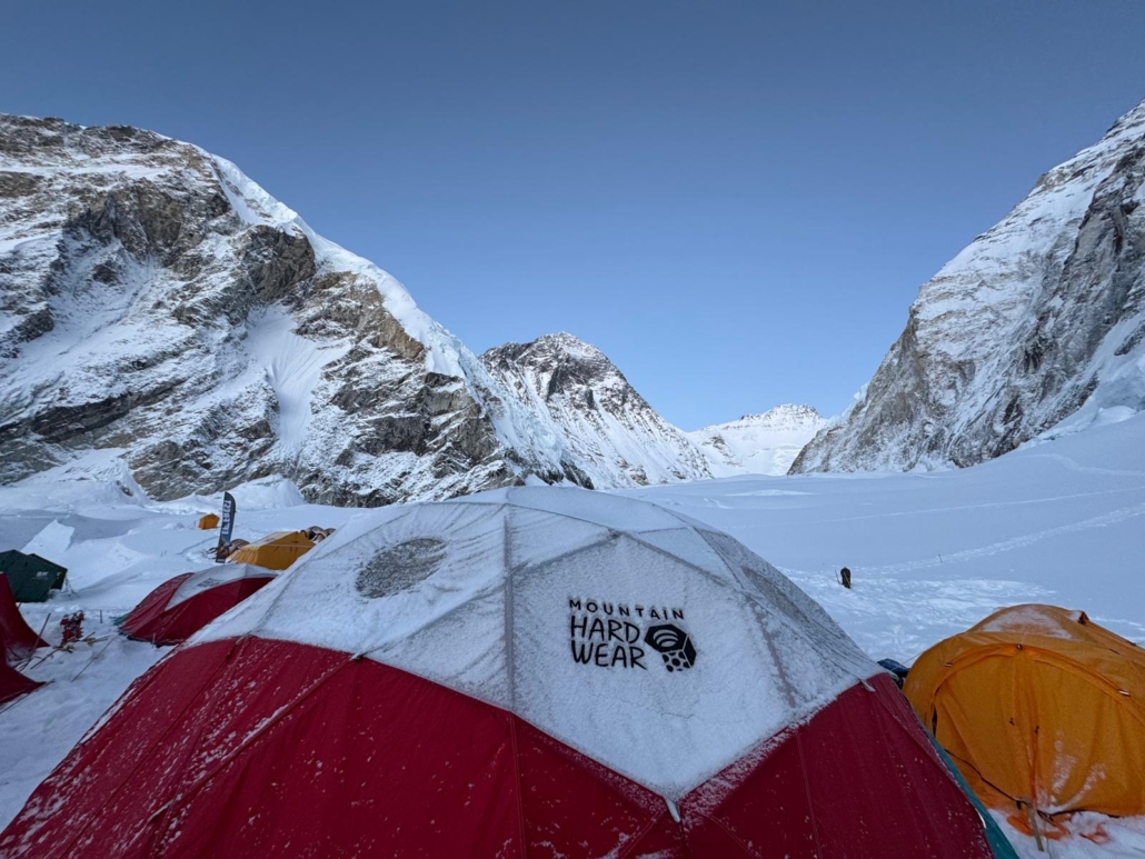 Our Mountain Hardwear tent in Camp 1 with Mount Everest and Lhotse behind.