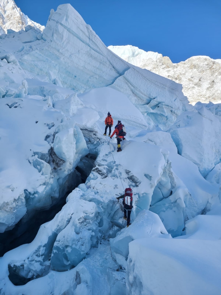 Navigating up, down, over, and through icy blocks of the Khumbu Icefall
