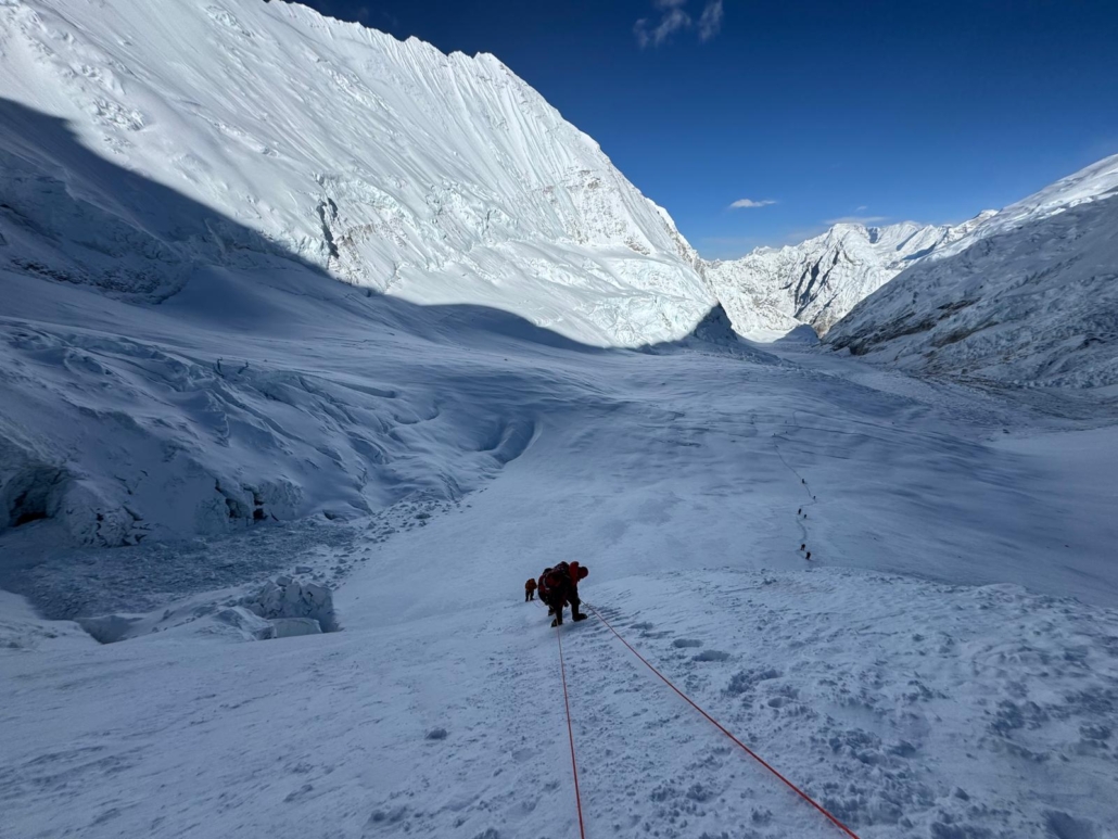 Looking down the fixed-lines on the Lhotse Face.