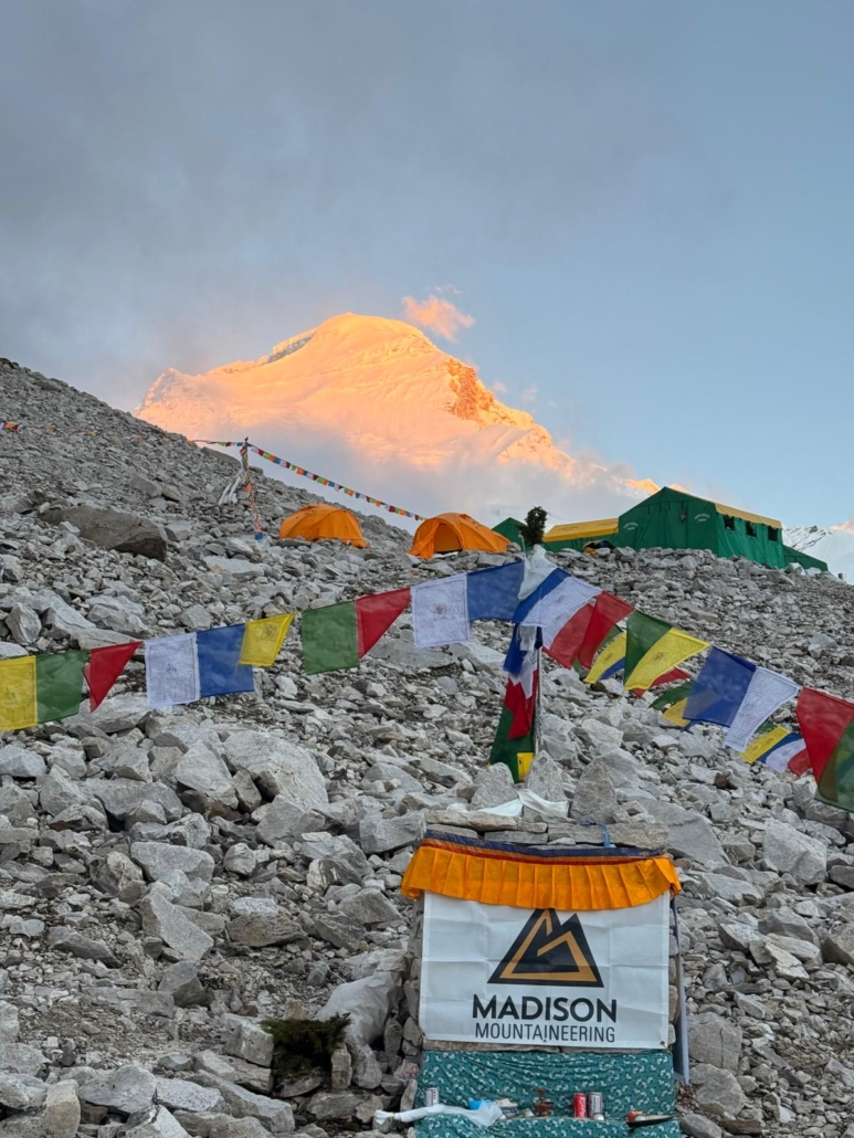 Alpenglow on Cho Oyu as seen from base camp