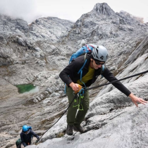 Our climber, Bob, approaching the first terrace (photo by Terray Sylvester)