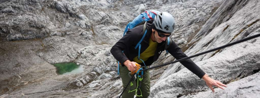 Our climber, Bob, approaching the first terrace (photo by Terray Sylvester)