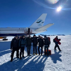 The team together after touching down in Union Glacier Camp!
