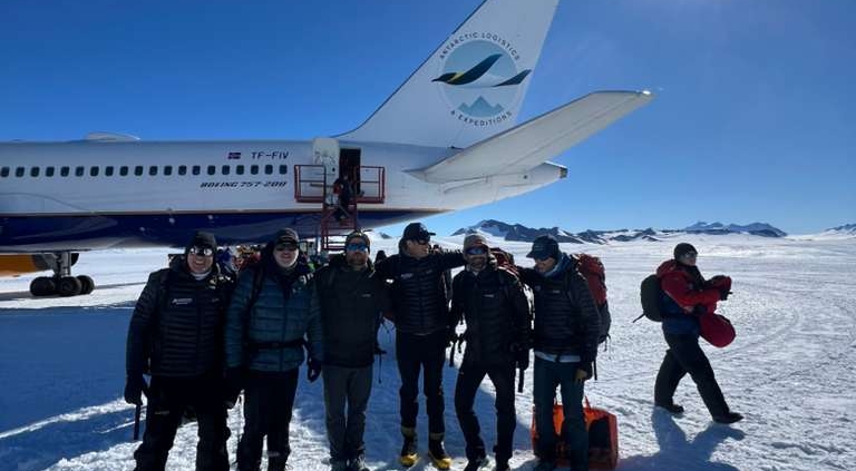 The team together after touching down in Union Glacier Camp!