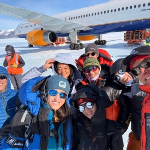 The team after landing on the blue ice runway in Union Glacier Camp