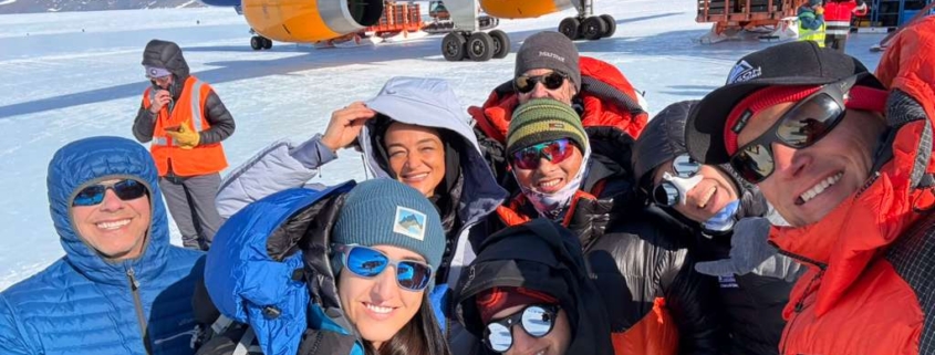 The team after landing on the blue ice runway in Union Glacier Camp