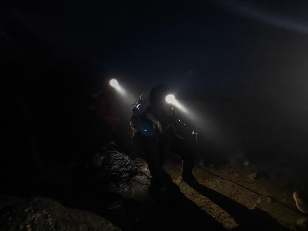 Headlamps lighting the way after an alpine start on Illiniza Norte.