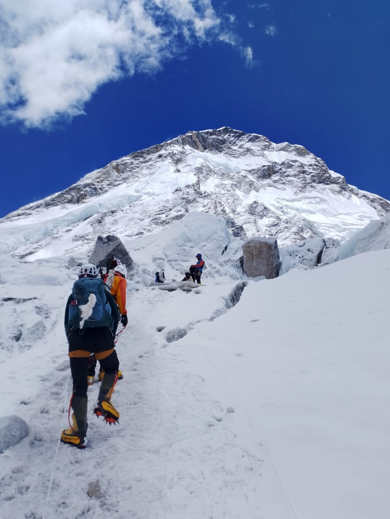 Climbing up the lower section of the route with Everest looming high above.