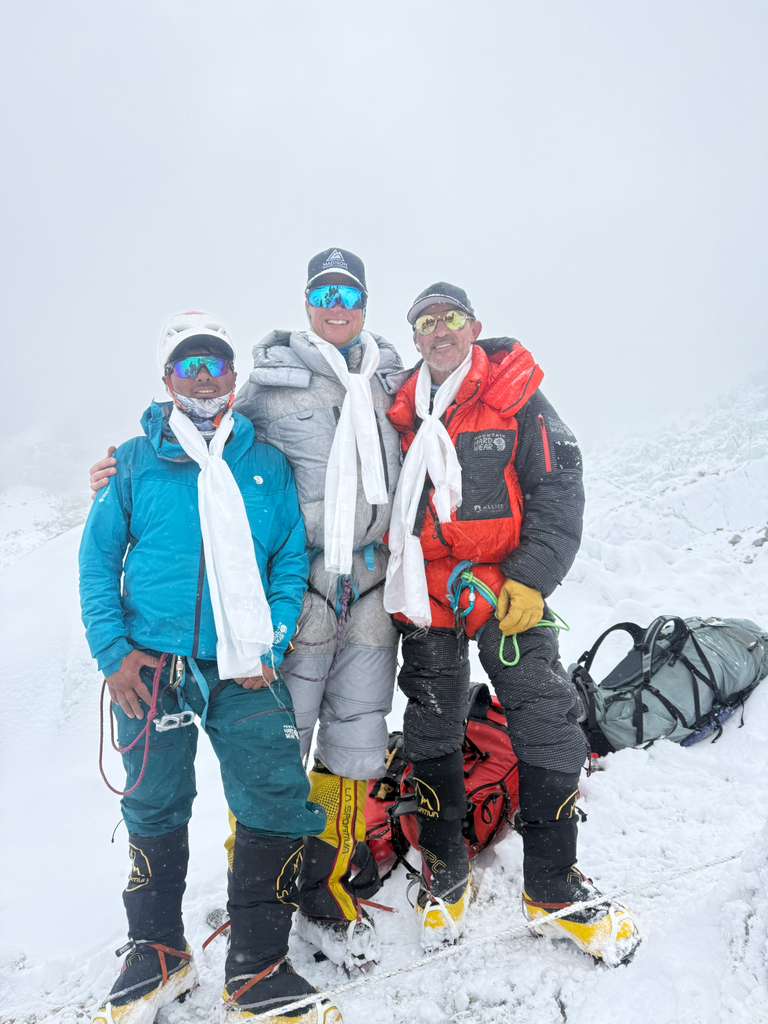 (From left to right) Aang Phurba Sherpa, Garrett Madison, and Jeff Arnold nearing base camp after descending from Camp IV.