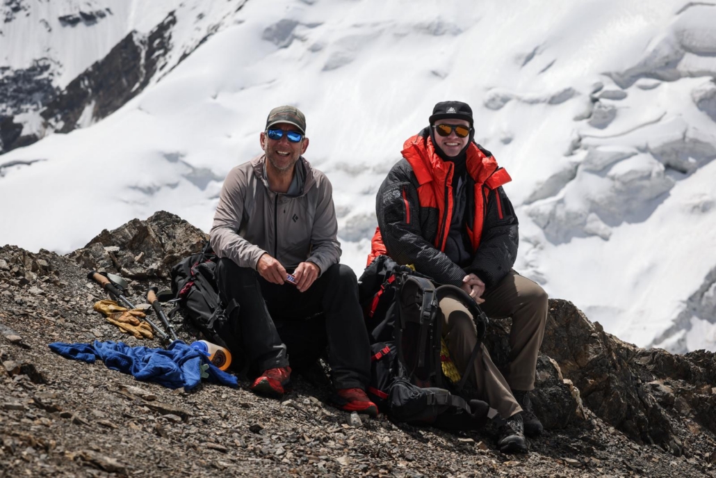 Lenin Peak climbers Jeff and Chris on the summit of Yukhin Peak (photo by Terray Sylvester)
