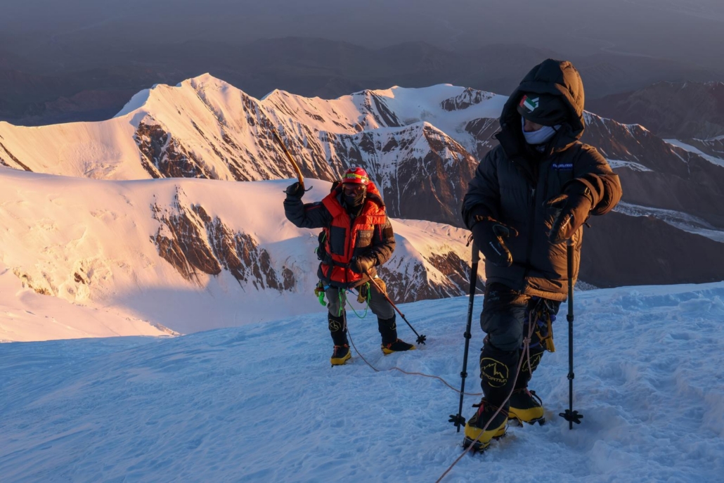 First light on Lenin’s summit ridge (photo by Terray Sylvester)