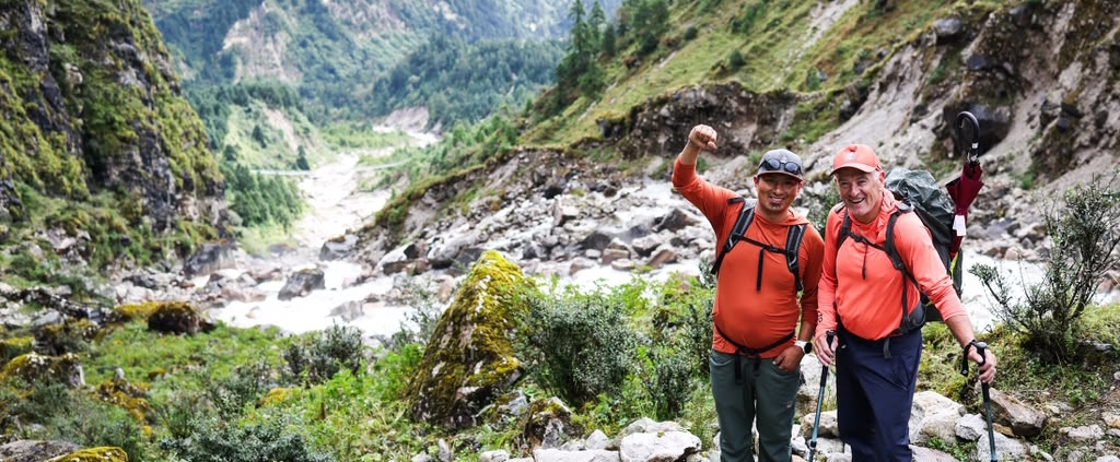 Our climber, Myles, with sirdar Aang Phurba Sherpa on the way to Punggen Monastery (photo by Terray Sylvester)
