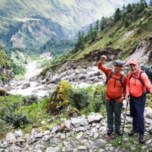 Our climber, Myles, with sirdar Aang Phurba Sherpa on the way to Punggen Monastery (photo by Terray Sylvester)