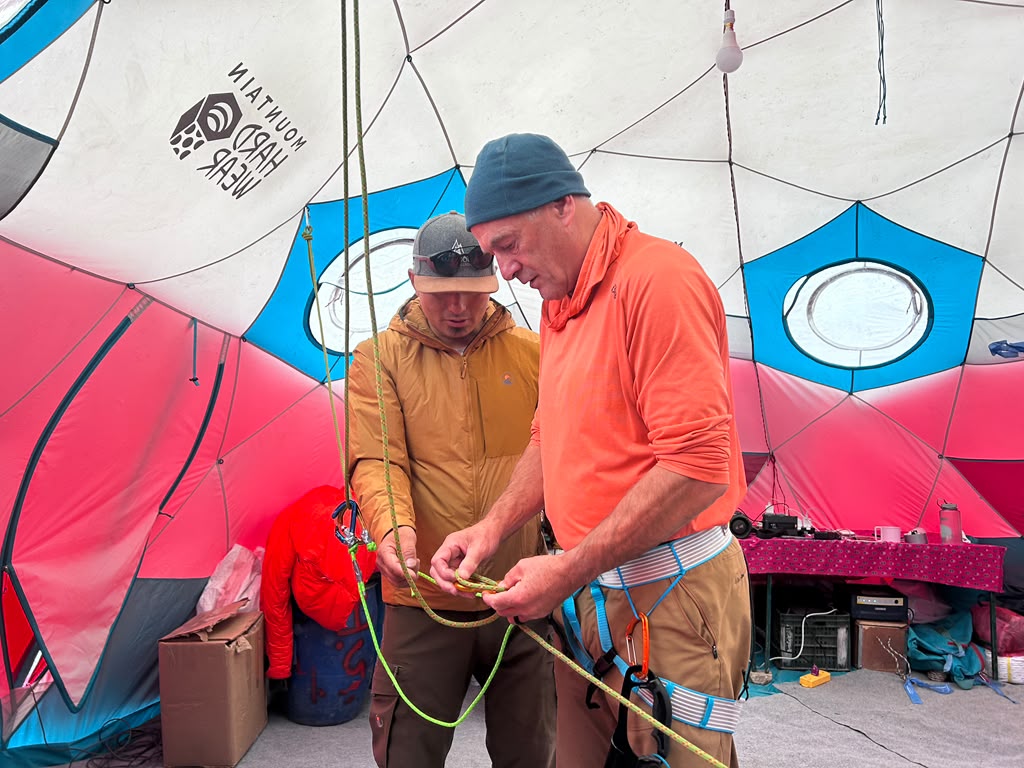 Our climbers participating in a technical skills refresher before tomorrow’s session on the Manaslu Glacier