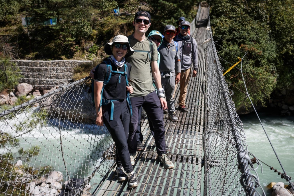 The team crossing the Dudh Khoshi River in Phakding. (Photo by Terray Sylvester)