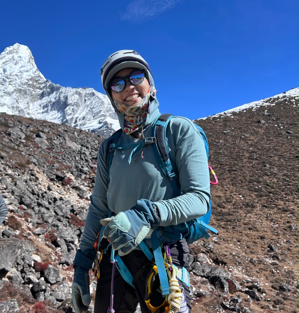 Our climber, Naomi, practicing technical skills at the foot of Ama Dablam.